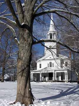 Photo of First Congregational Church with open snowy area in front (Photo by Charlie Heyman)