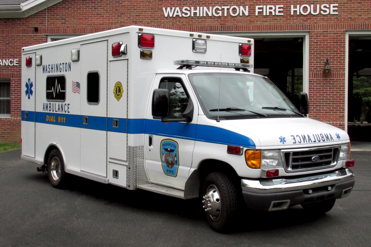 Close-up of modern ambulance vehicle, taken from left side